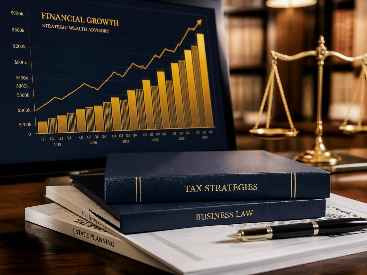 Gráfico de crescimento financeiro ao lado de livros de estratégia tributária