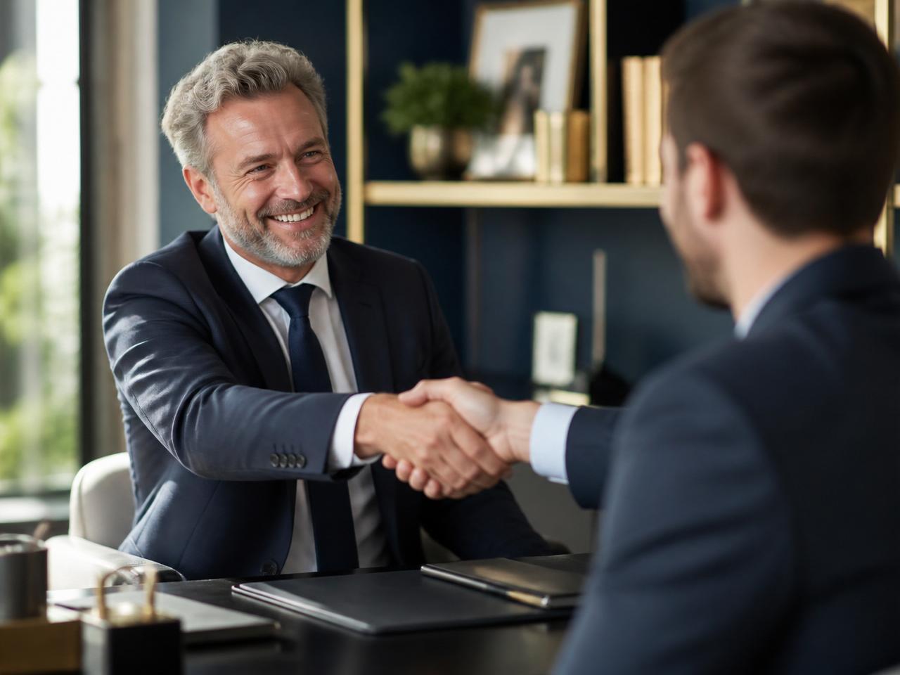 Aperto de mãos entre consultor e cliente em ambiente acolhedor