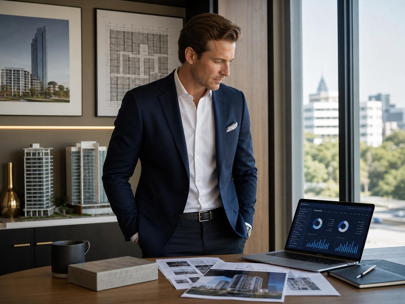 Empresário elegante em escritório sofisticado observando documentos e painéis financeiros com modelos de imóveis ao fundo