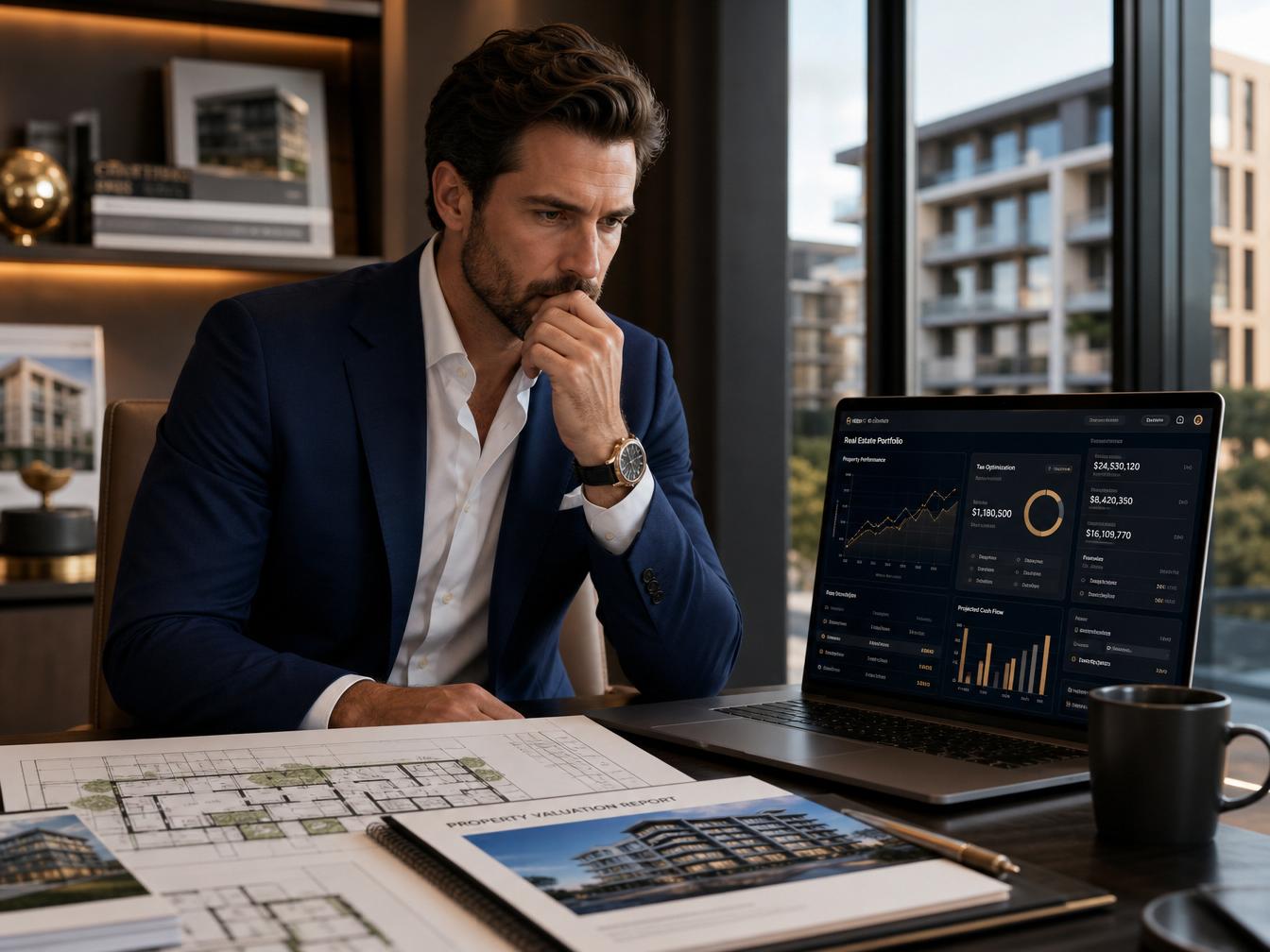 Investidor imobiliário sofisticado analisando painel financeiro com gráficos de rentabilidade, projeções tributárias e imóveis ao fundo