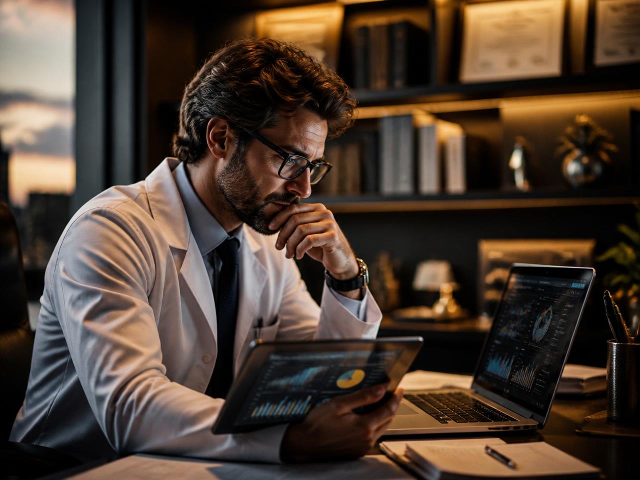 Médico em consultório moderno ao final do expediente analisando gráficos financeiros e patrimoniais em tablet e notebook