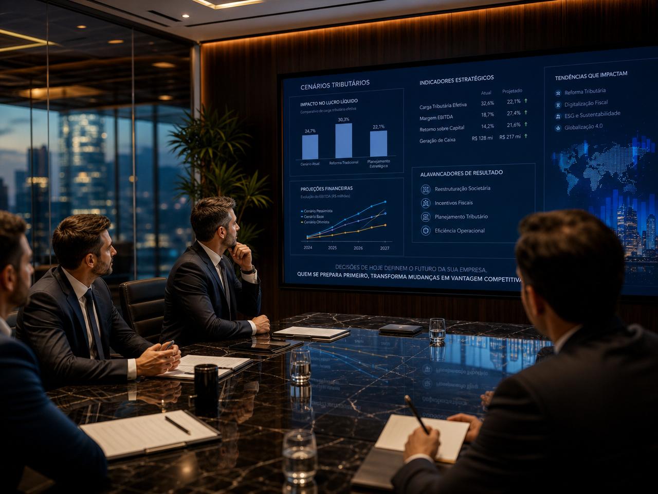 Empresário e executivos em sala de reunião moderna analisando projeções financeiras e cenários tributários em uma grande tela